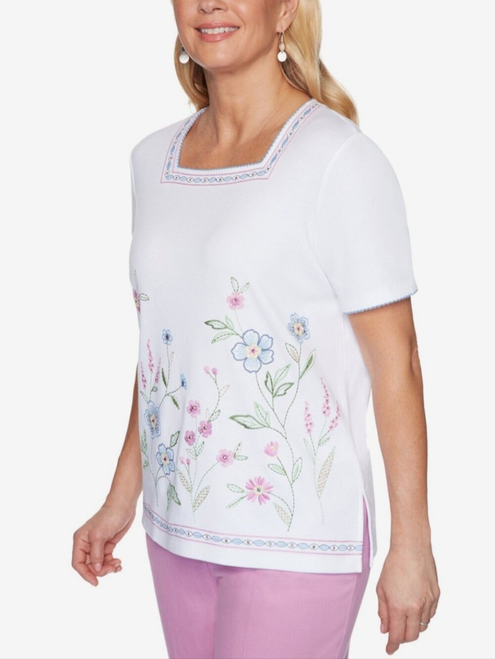 Alfred Dunner VTG White Floral Embroidered Knit Top Cottagecore Square Neck M